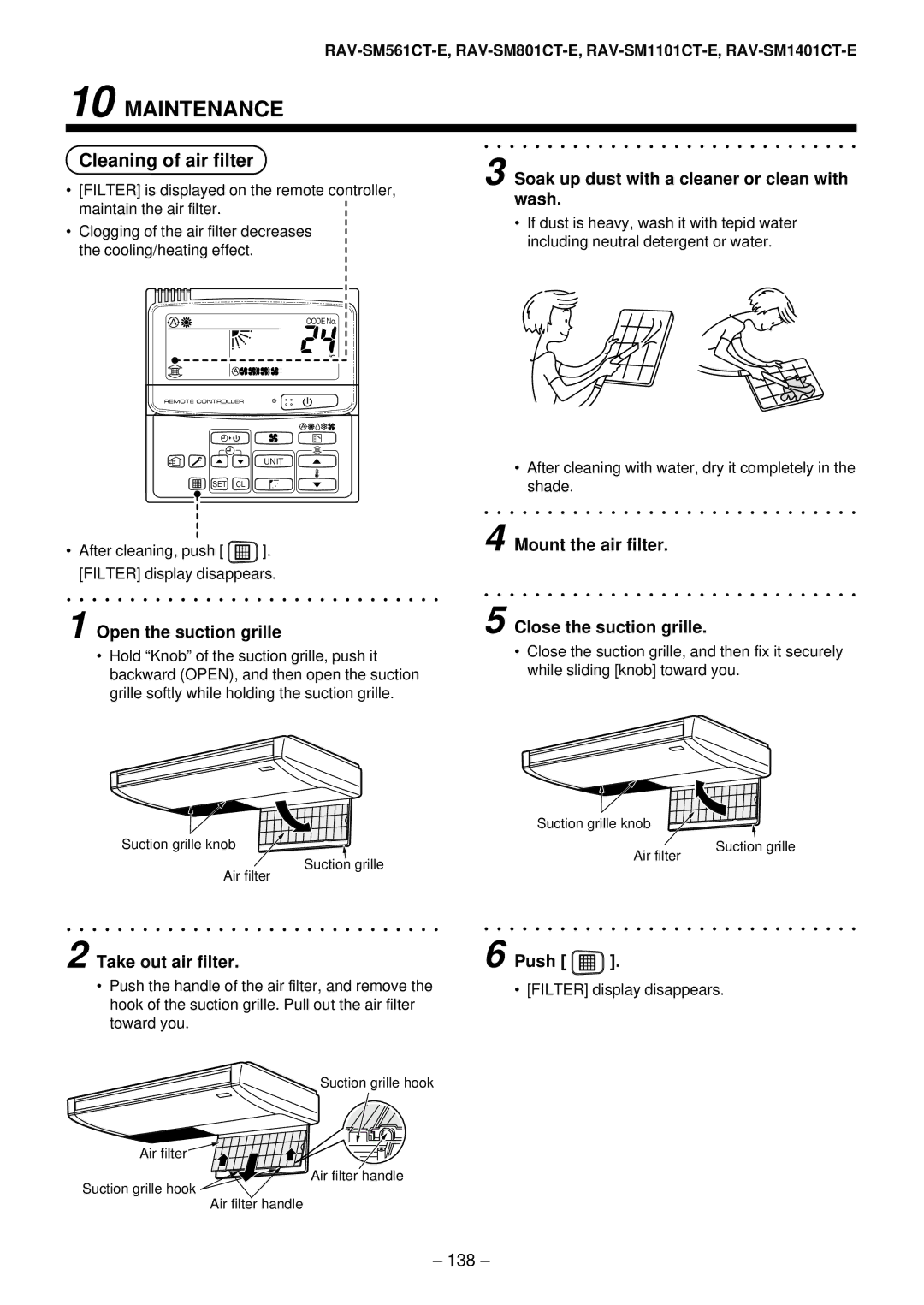 Toshiba RAV-SM801AT-E, RAV-SM1101AT-E, RAV-SM1401AT-E, RAV-SM561AT-E installation manual Cleaning of air filter 