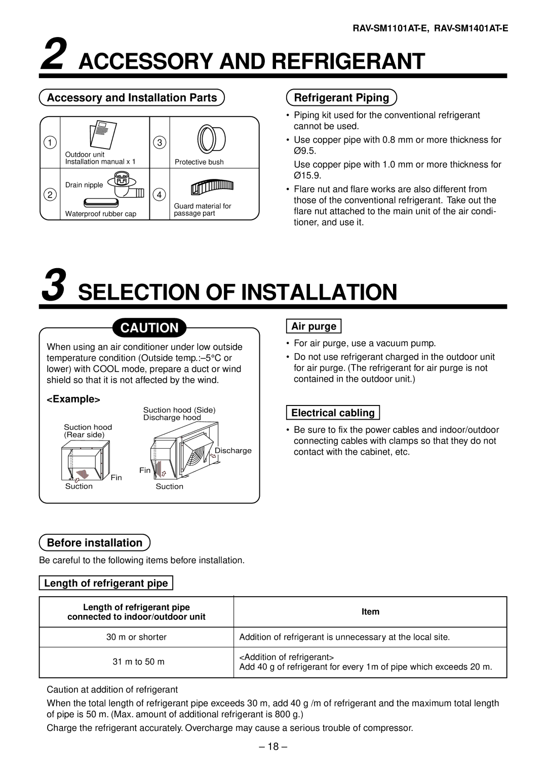 Toshiba RAV-SM801AT-E, RAV-SM1101AT-E, RAV-SM1401AT-E Length of refrigerant pipe, Connected to indoor/outdoor unit 