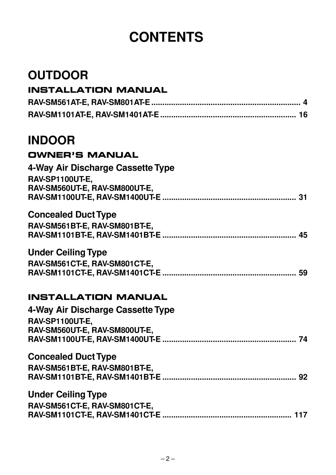 Toshiba RAV-SM801AT-E, RAV-SM1101AT-E, RAV-SM1401AT-E, RAV-SM561AT-E installation manual Contents 