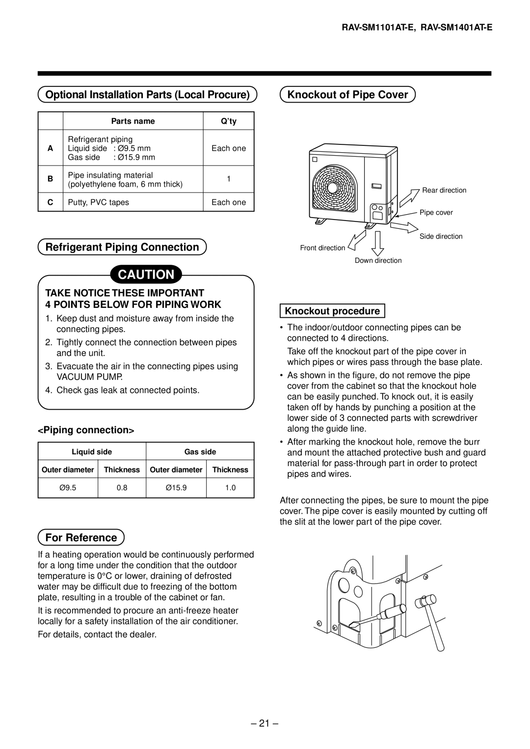 Toshiba RAV-SM1401AT-E, RAV-SM1101AT-E, RAV-SM801AT-E, RAV-SM561AT-E Knockout of Pipe Cover, Knockout procedure 