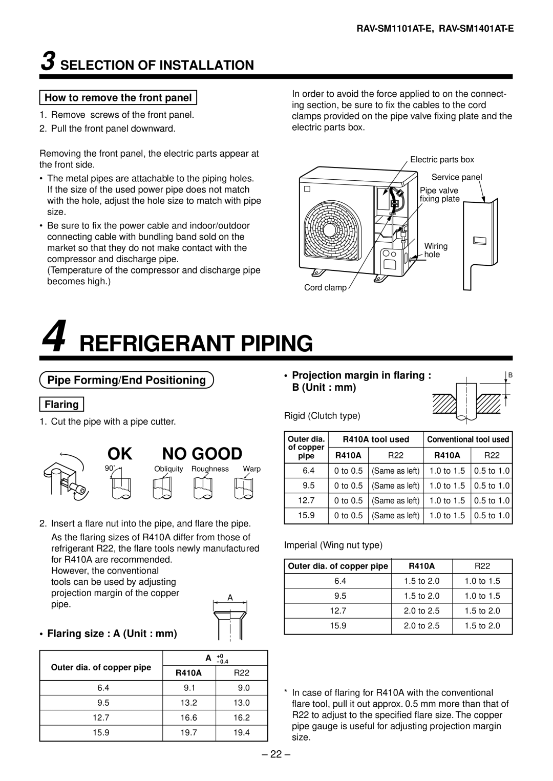 Toshiba RAV-SM801AT-E Pipe Forming/End Positioning, How to remove the front panel, Projection margin in flaring Unit mm 