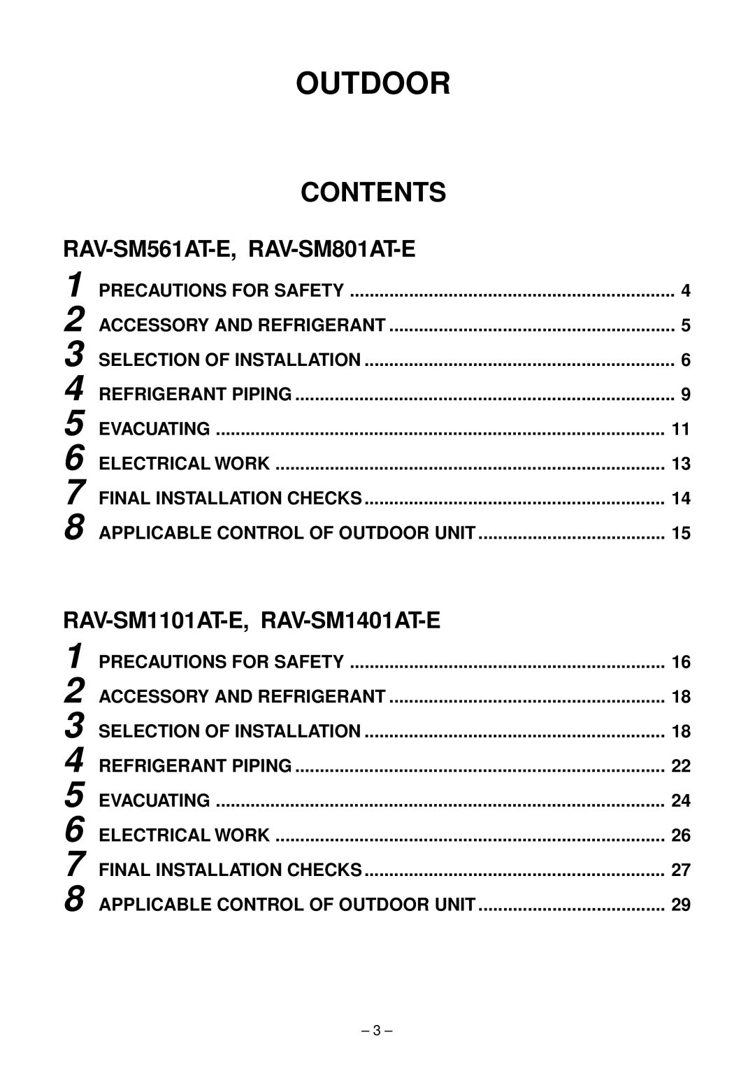 Toshiba RAV-SM561AT-E, RAV-SM1101AT-E, RAV-SM1401AT-E, RAV-SM801AT-E installation manual Outdoor, Installation Manual 