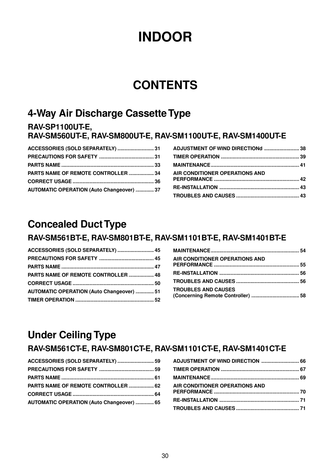 Toshiba RAV-SM801AT-E, RAV-SM1101AT-E, RAV-SM1401AT-E, RAV-SM561AT-E installation manual Indoor, Contents 