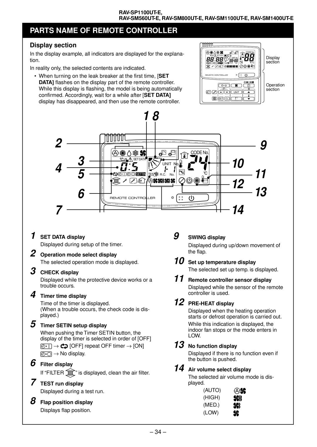 Toshiba RAV-SM801AT-E, RAV-SM1101AT-E, RAV-SM1401AT-E, RAV-SM561AT-E installation manual Display section 