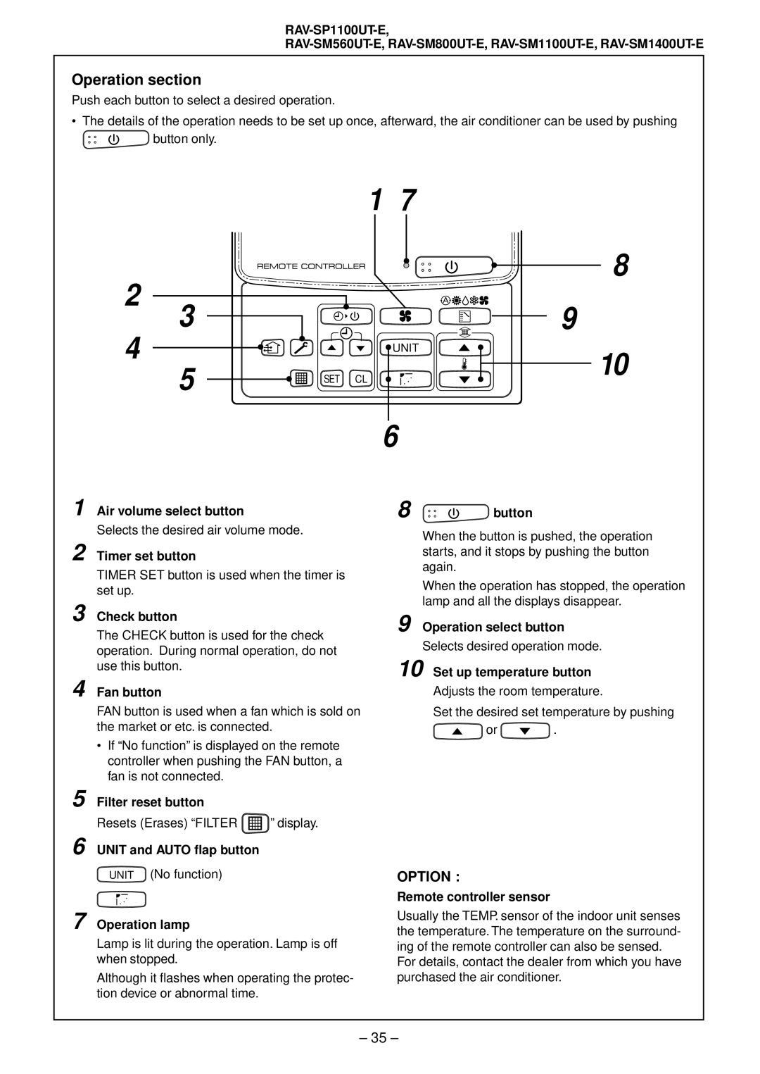 Toshiba RAV-SM561AT-E, RAV-SM1101AT-E, RAV-SM1401AT-E, RAV-SM801AT-E installation manual Operation section 