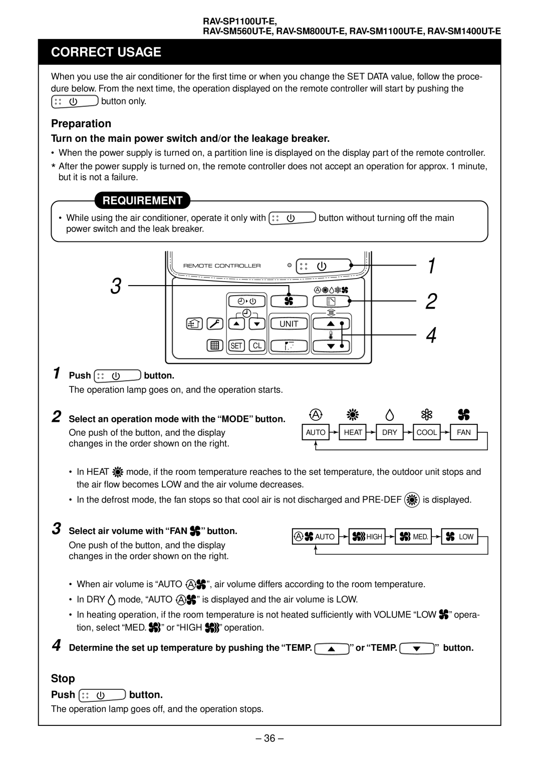 Toshiba RAV-SM1101AT-E Preparation, Stop, Turn on the main power switch and/or the leakage breaker, Push button 