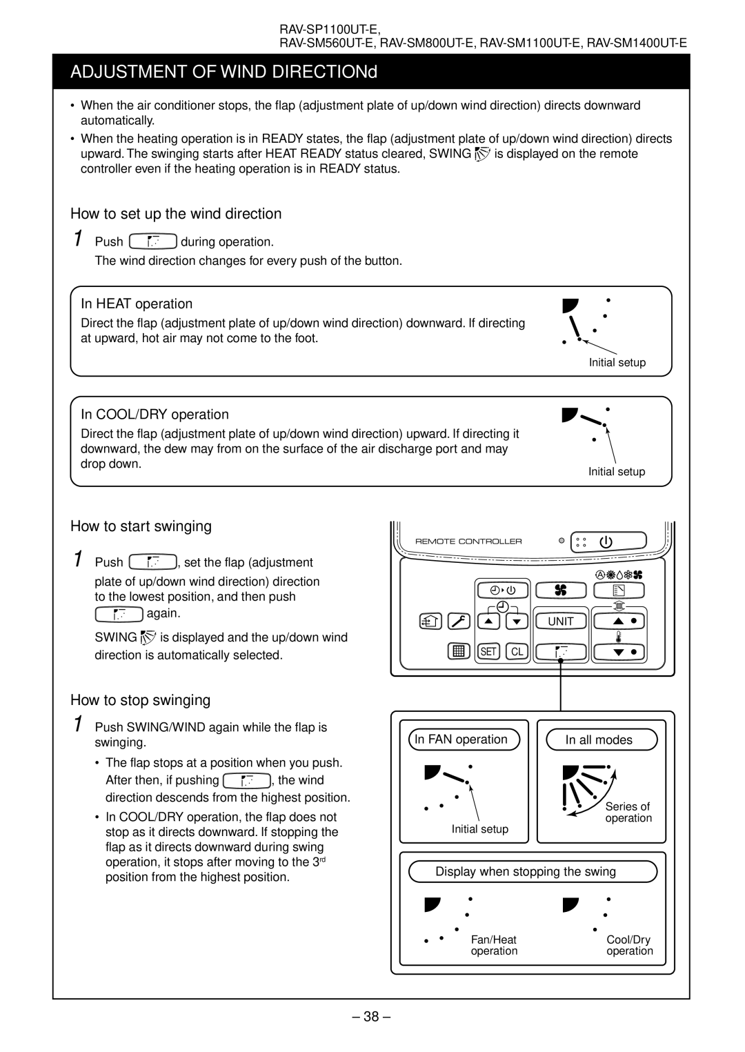 Toshiba RAV-SM801AT-E How to set up the wind direction, How to start swinging, How to stop swinging, Heat operation 