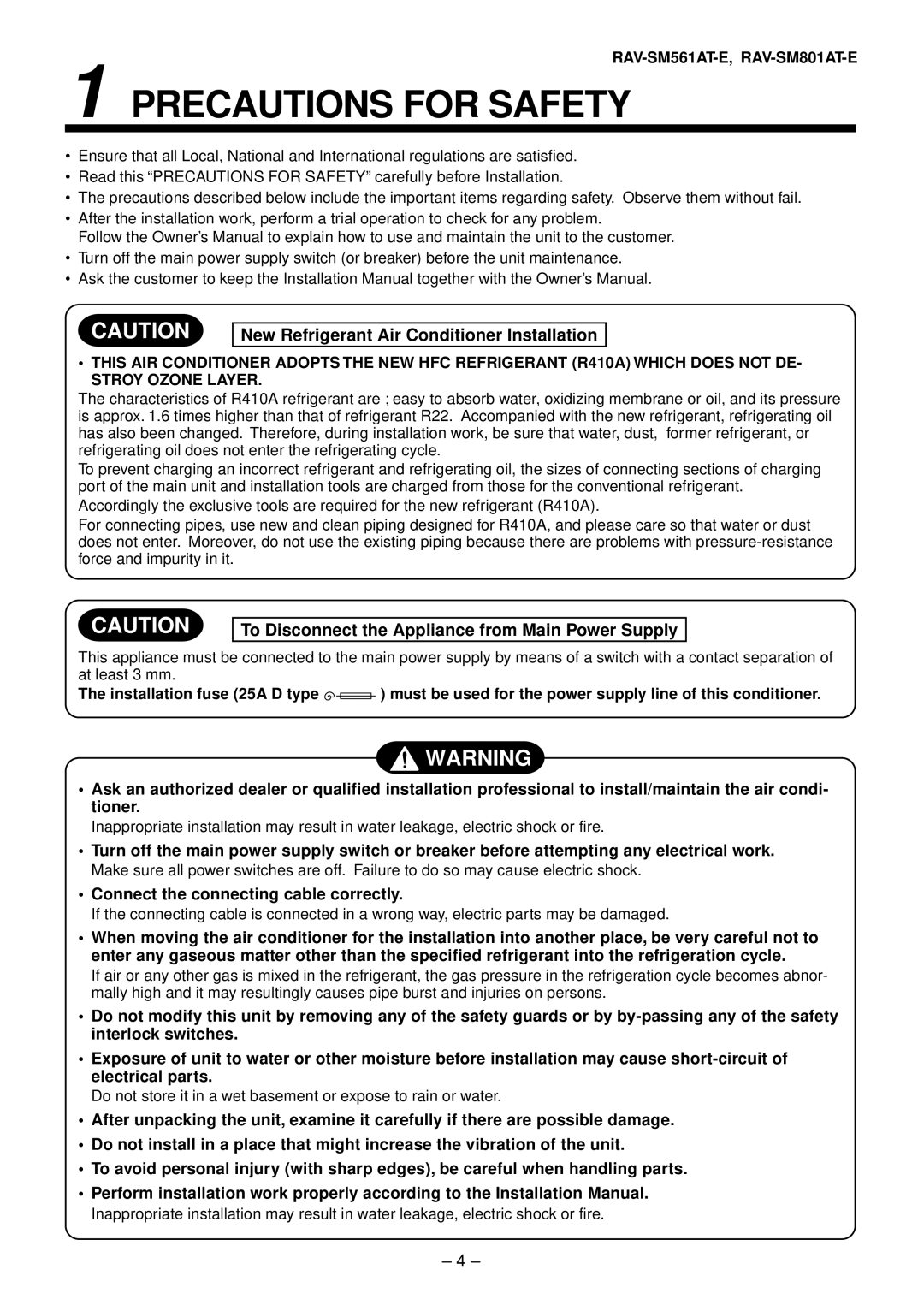 Toshiba RAV-SM1101AT-E, RAV-SM1401AT-E, RAV-SM801AT-E Precautions for Safety, New Refrigerant Air Conditioner Installation 