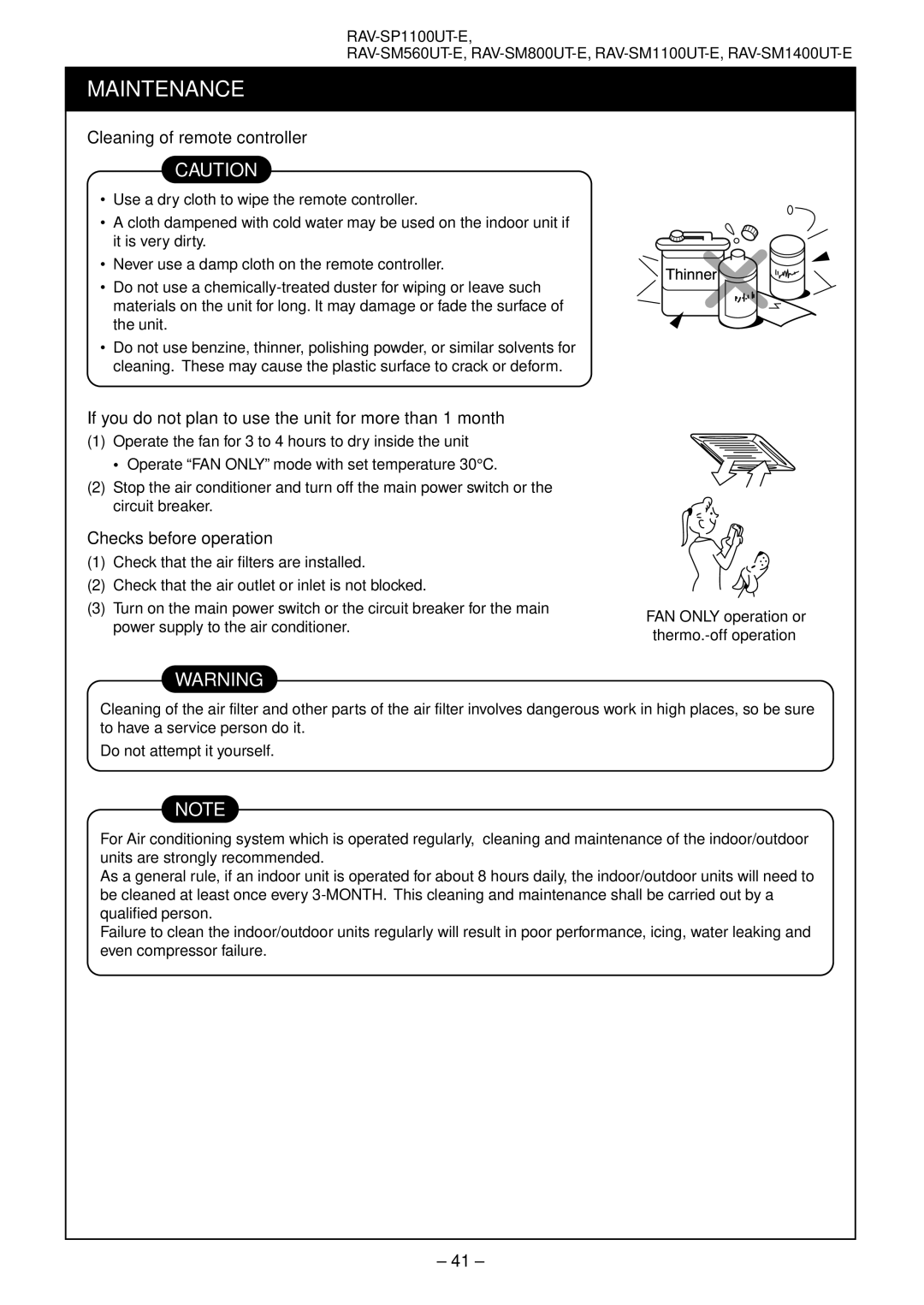 Toshiba RAV-SM1401AT-E Cleaning of remote controller, If you do not plan to use the unit for more than 1 month 