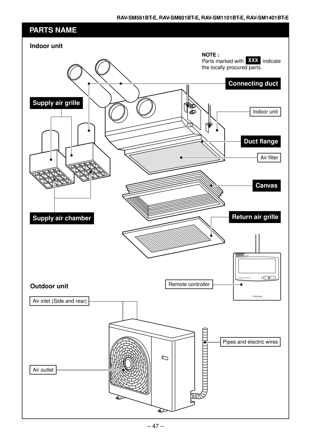 Toshiba RAV-SM561AT-E, RAV-SM1101AT-E, RAV-SM1401AT-E, RAV-SM801AT-E installation manual Connecting duct 