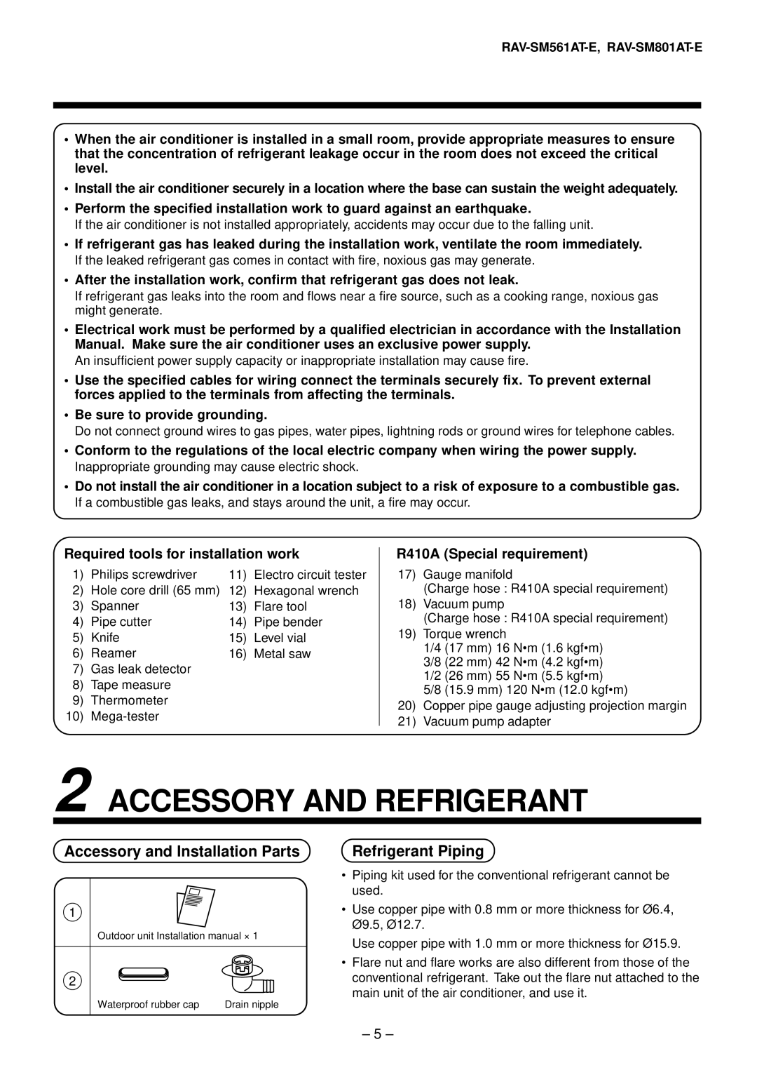 Toshiba RAV-SM1401AT-E, RAV-SM1101AT-E Accessory and Refrigerant, Accessory and Installation Parts, Refrigerant Piping 