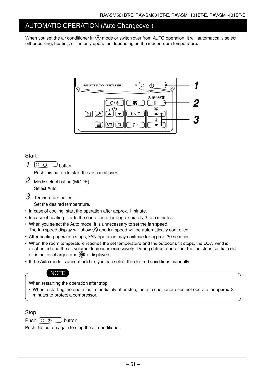 Toshiba RAV-SM561AT-E, RAV-SM1101AT-E, RAV-SM1401AT-E, RAV-SM801AT-E installation manual Automatic Operation Auto Changeover 