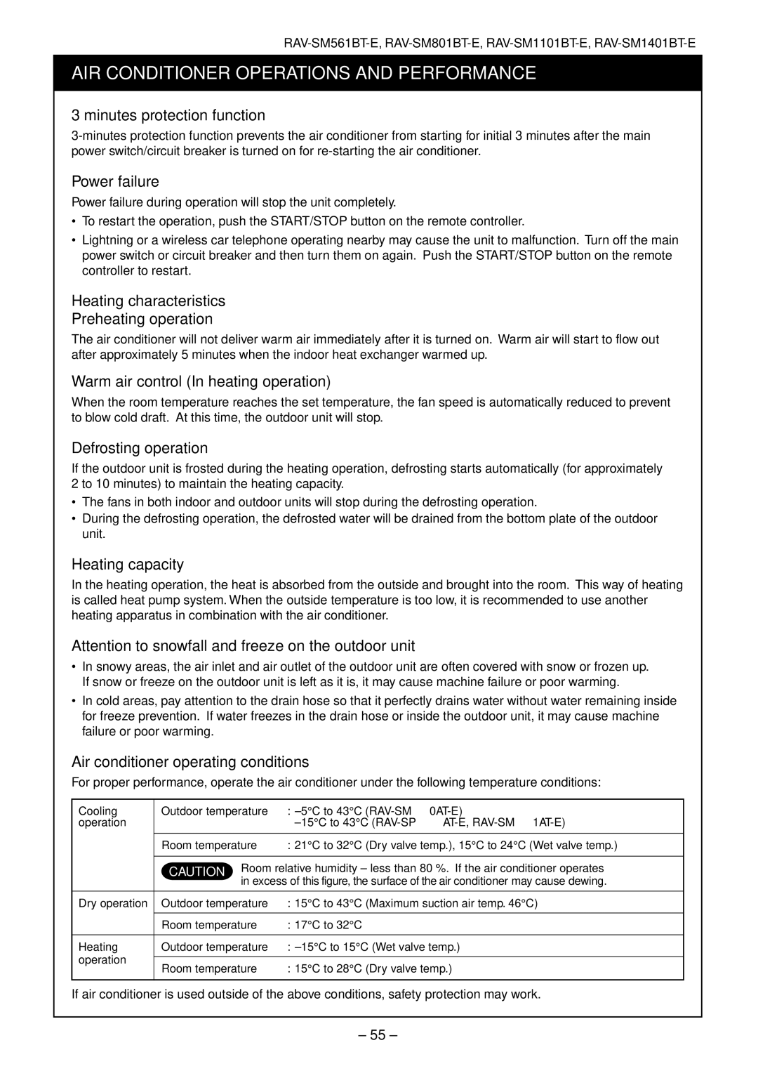 Toshiba RAV-SM561AT-E, RAV-SM1101AT-E, RAV-SM1401AT-E, RAV-SM801AT-E AIR Conditioner Operations and Performance 