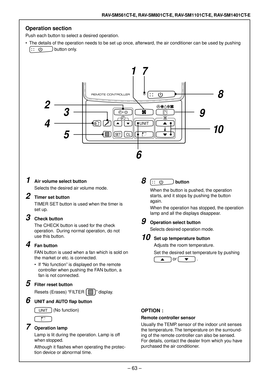 Toshiba RAV-SM561AT-E, RAV-SM1101AT-E, RAV-SM1401AT-E, RAV-SM801AT-E installation manual Operation section 