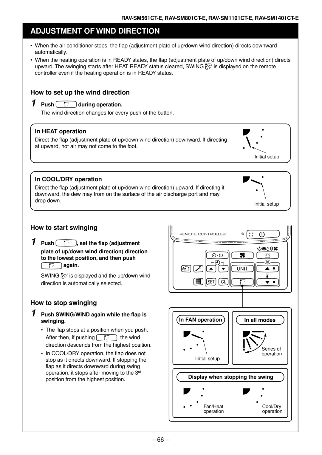 Toshiba RAV-SM801AT-E, RAV-SM1101AT-E, RAV-SM1401AT-E, RAV-SM561AT-E installation manual Adjustment of Wind Direction 