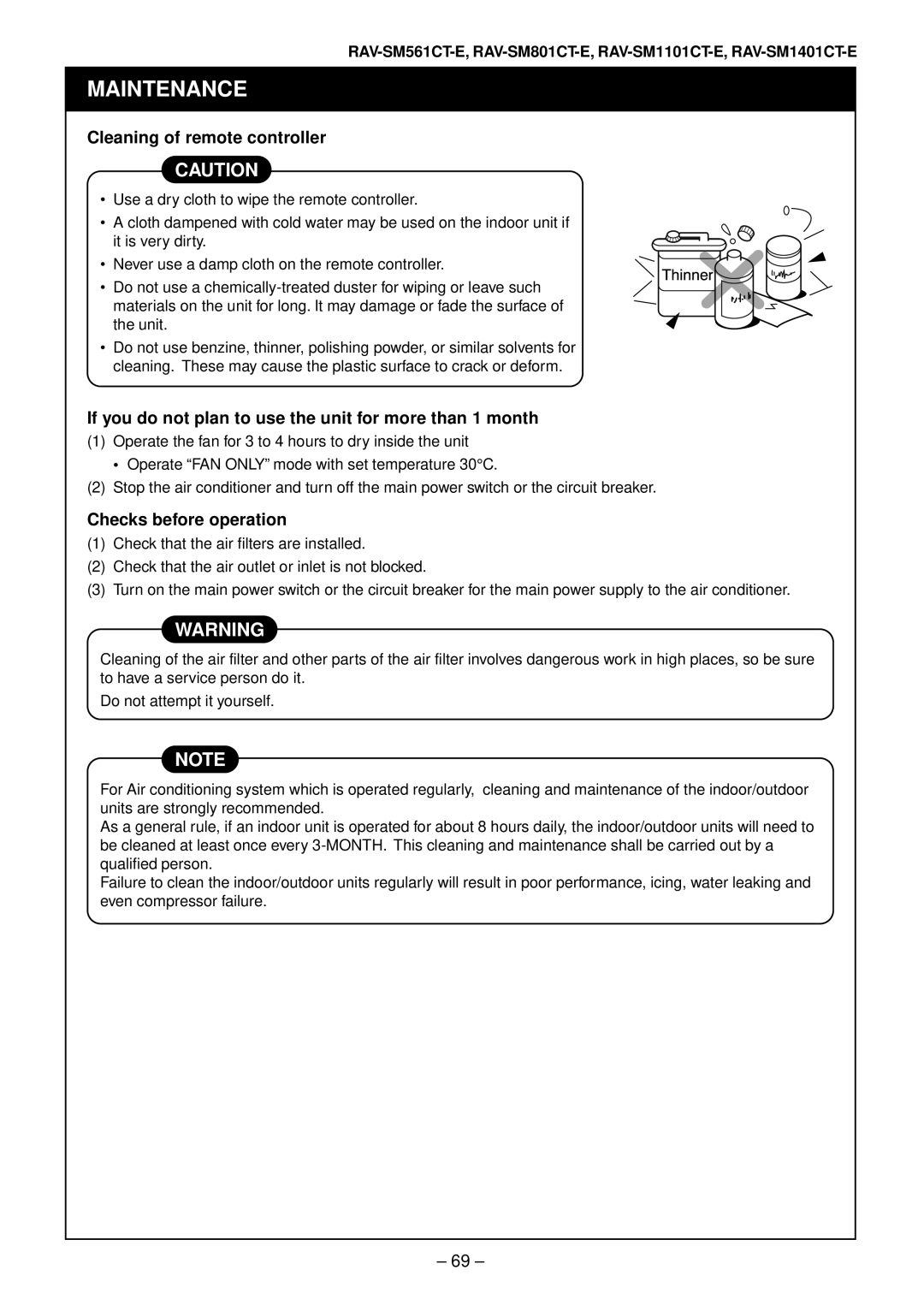 Toshiba RAV-SM1401AT-E, RAV-SM1101AT-E, RAV-SM801AT-E, RAV-SM561AT-E installation manual Maintenance 