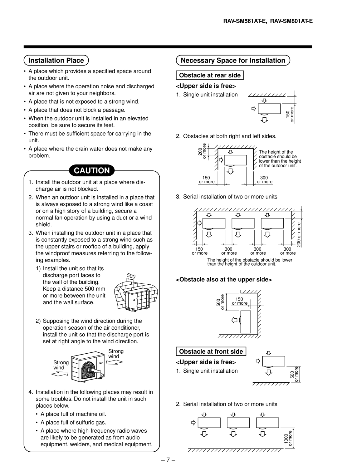 Toshiba RAV-SM561AT-E Installation Place, Necessary Space for Installation, Obstacle at rear side Upper side is free 