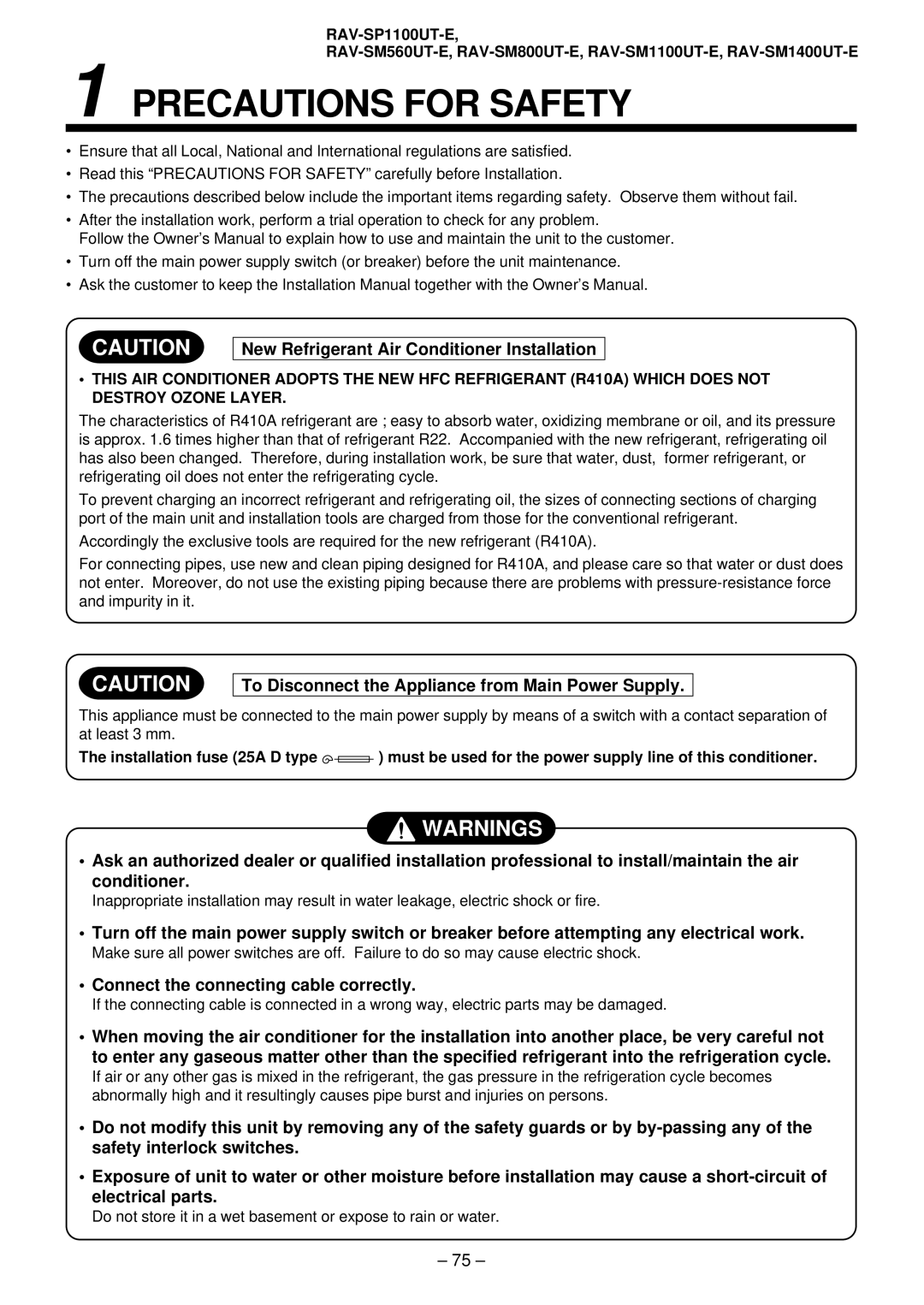 Toshiba RAV-SM561AT-E, RAV-SM1101AT-E, RAV-SM1401AT-E, RAV-SM801AT-E installation manual Precautions for Safety 