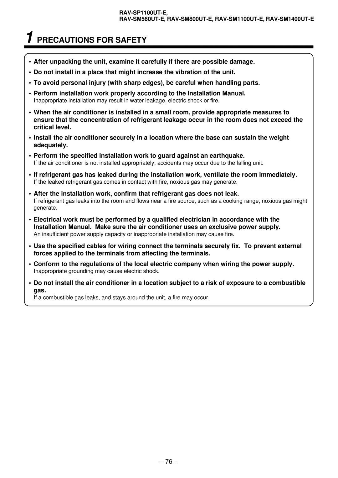 Toshiba RAV-SM1101AT-E, RAV-SM1401AT-E, RAV-SM801AT-E, RAV-SM561AT-E installation manual Precautions for Safety 