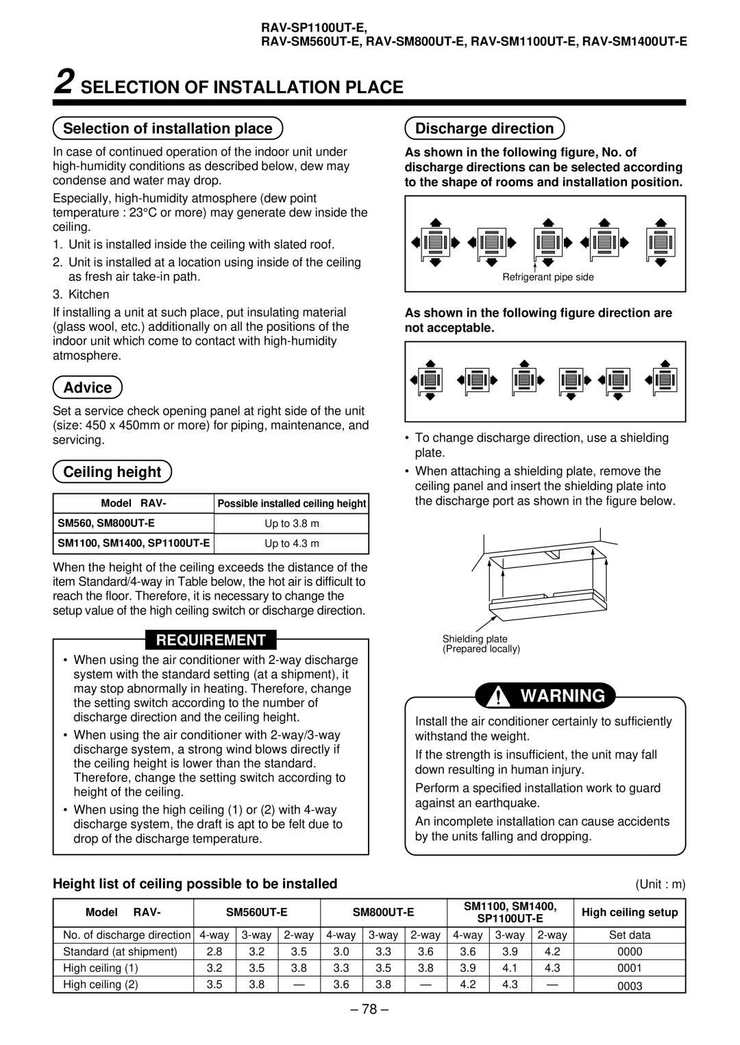 Toshiba RAV-SM801AT-E, RAV-SM1101AT-E Selection of installation place Discharge direction, Advice, Ceiling height 