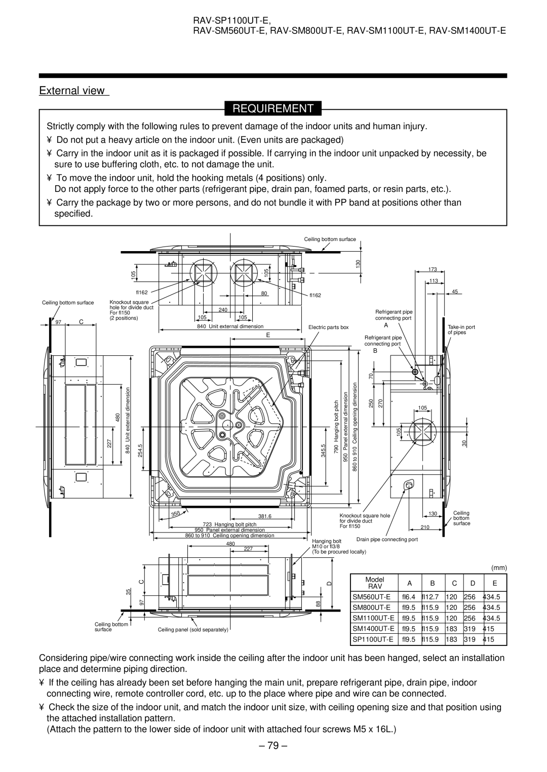 Toshiba RAV-SM561AT-E, RAV-SM1101AT-E, RAV-SM1401AT-E, RAV-SM801AT-E installation manual External view, SM800UT-E 