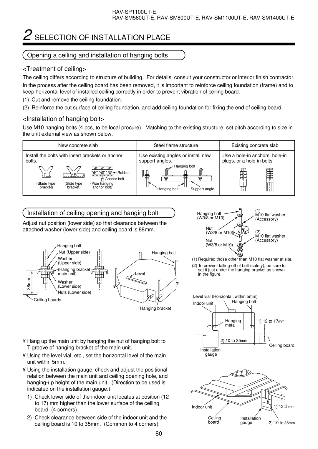 Toshiba RAV-SM1101AT-E, RAV-SM1401AT-E Installation of hanging bolt, Installation of ceiling opening and hanging bolt 