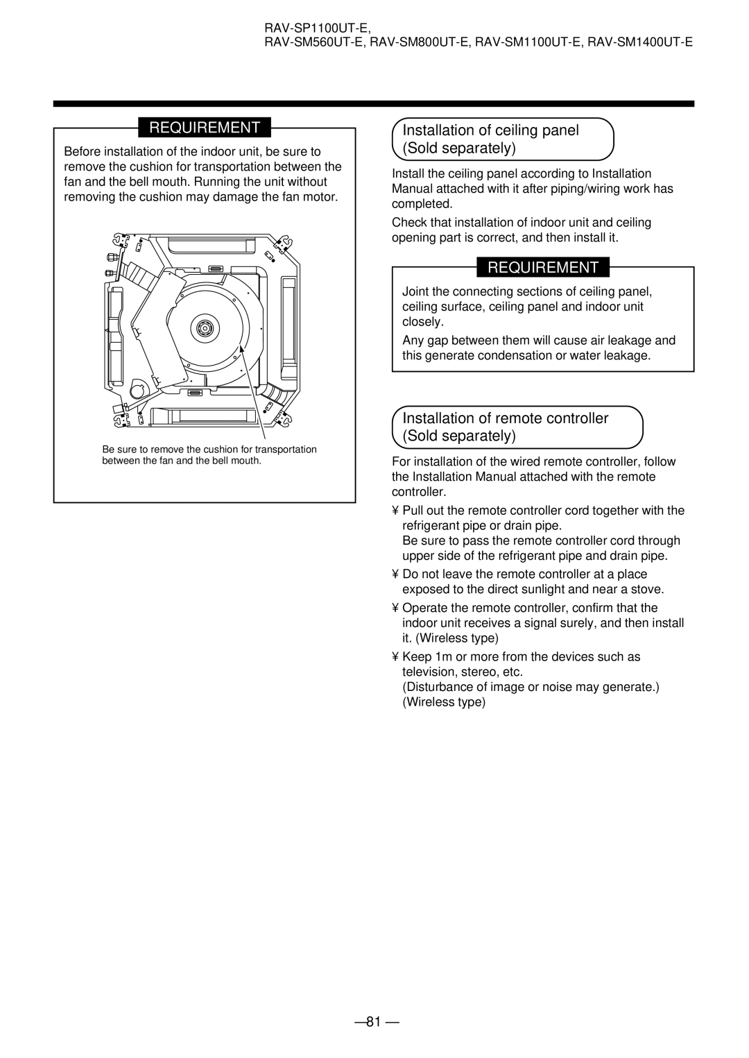 Toshiba RAV-SM1401AT-E Installation of ceiling panel Sold separately, Installation of remote controller Sold separately 