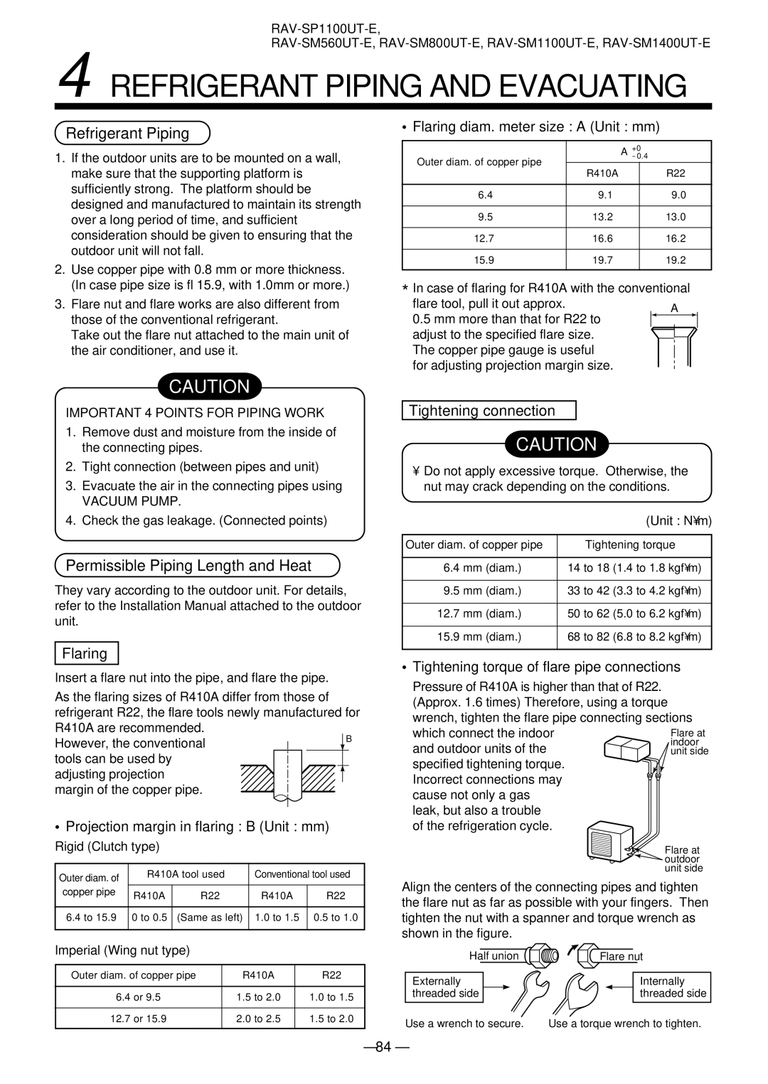 Toshiba RAV-SM1101AT-E Refrigerant Piping and Evacuating, Permissible Piping Length and Heat, Tightening connection 