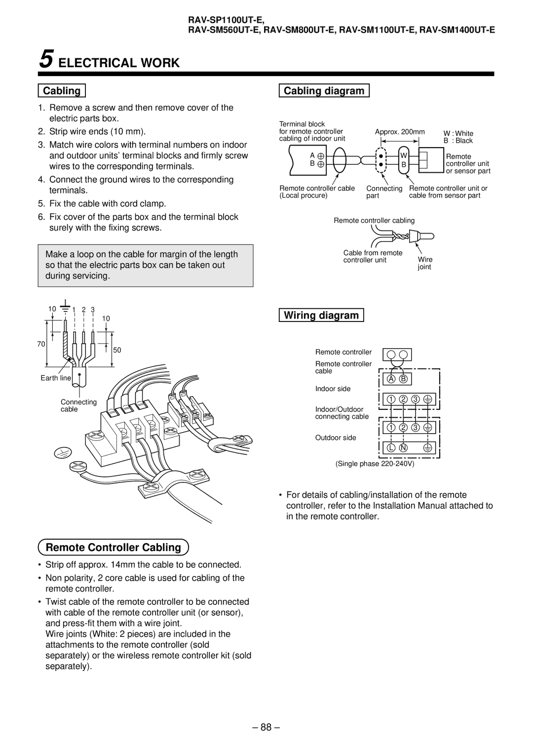 Toshiba RAV-SM1101AT-E, RAV-SM1401AT-E, RAV-SM801AT-E Remote Controller Cabling, Cabling Cabling diagram, Wiring diagram 