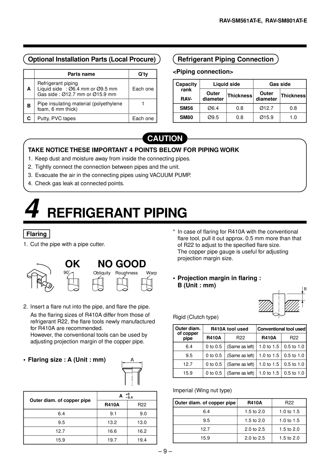 Toshiba RAV-SM1401AT-E, RAV-SM1101AT-E Optional Installation Parts Local Procure, Refrigerant Piping Connection 