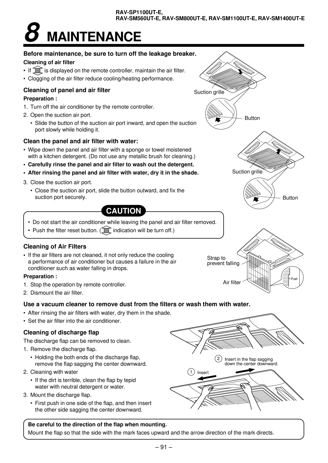 Toshiba RAV-SM561AT-E, RAV-SM1101AT-E, RAV-SM1401AT-E, RAV-SM801AT-E installation manual Maintenance 