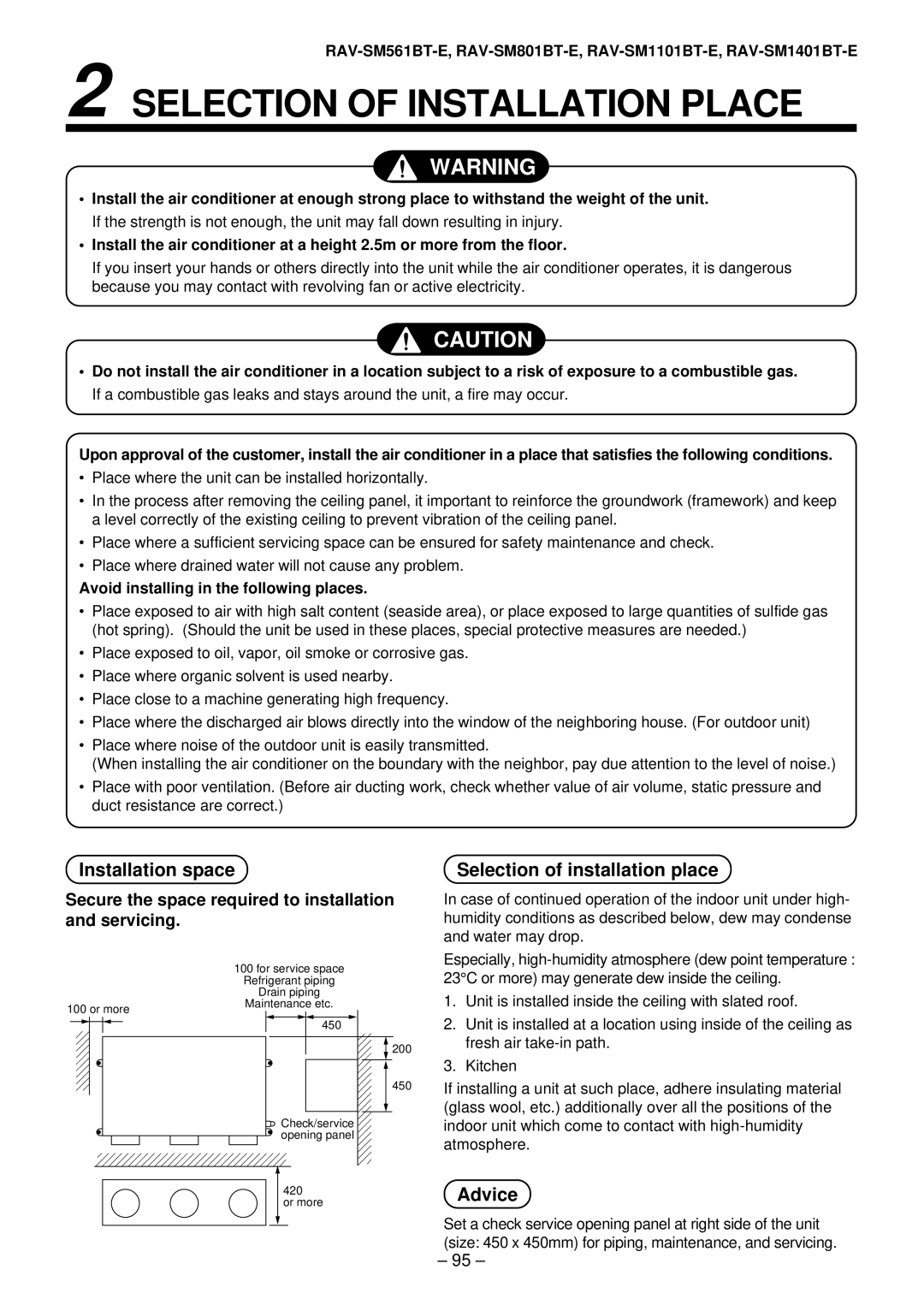 Toshiba RAV-SM561AT-E Installation space Selection of installation place, Avoid installing in the following places 