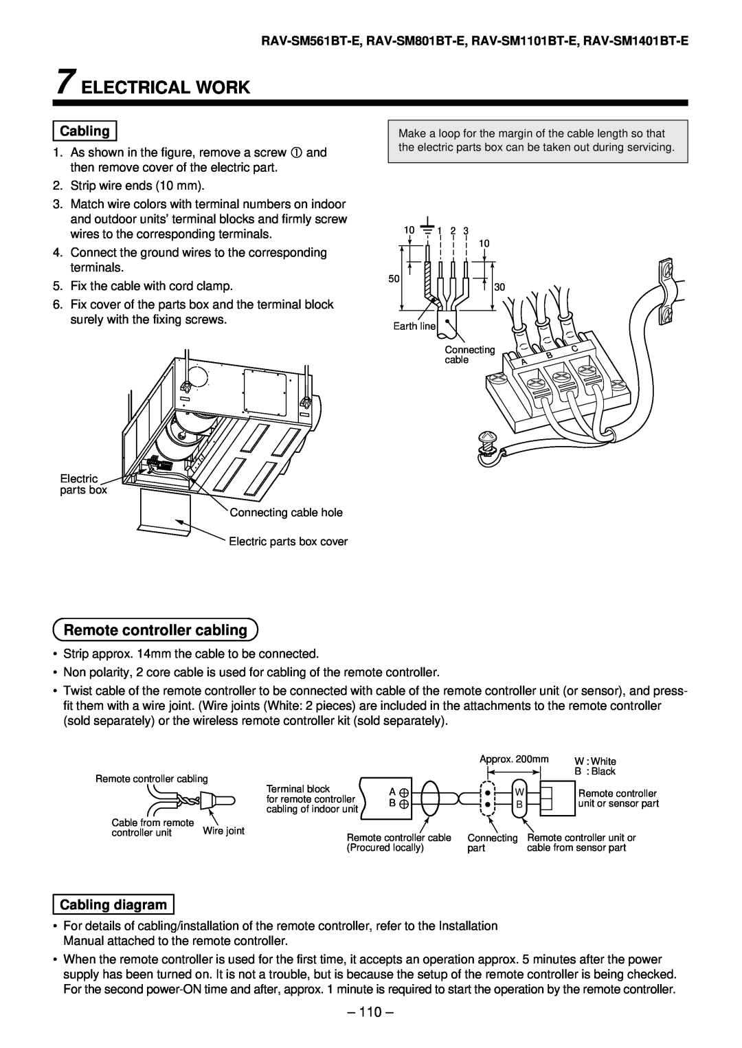 Toshiba RAV-SM801AT-E, RAV-SM1101AT-E, RAV-SM1401AT-E Electrical Work, Remote controller cabling, Cabling diagram 