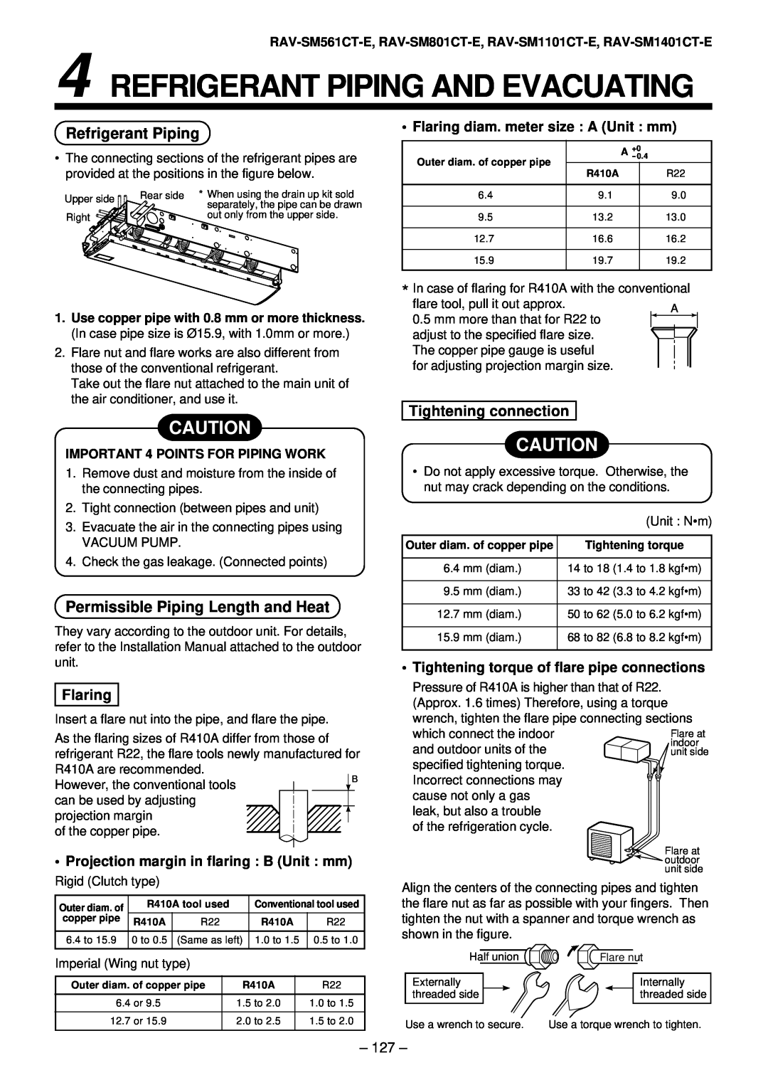 Toshiba RAV-SM561AT-E, RAV-SM1101AT-E Refrigerant Piping And Evacuating, Permissible Piping Length and Heat, Flaring 