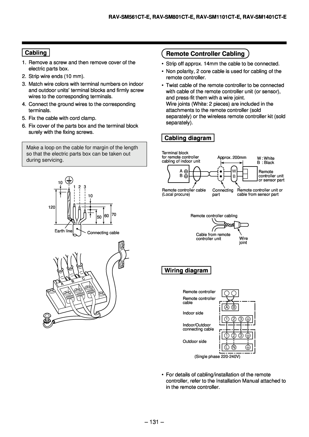 Toshiba RAV-SM561AT-E, RAV-SM1101AT-E, RAV-SM1401AT-E Remote Controller Cabling, Cabling diagram, Wiring diagram 