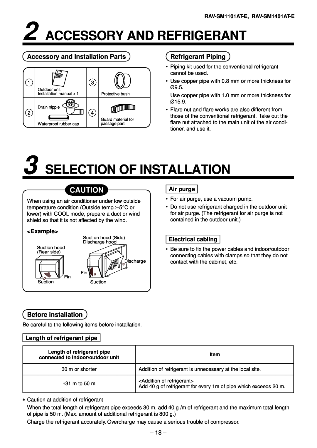 Toshiba RAV-SM801AT-E Accessory And Refrigerant, Selection Of Installation, Accessory and Installation Parts, Air purge 