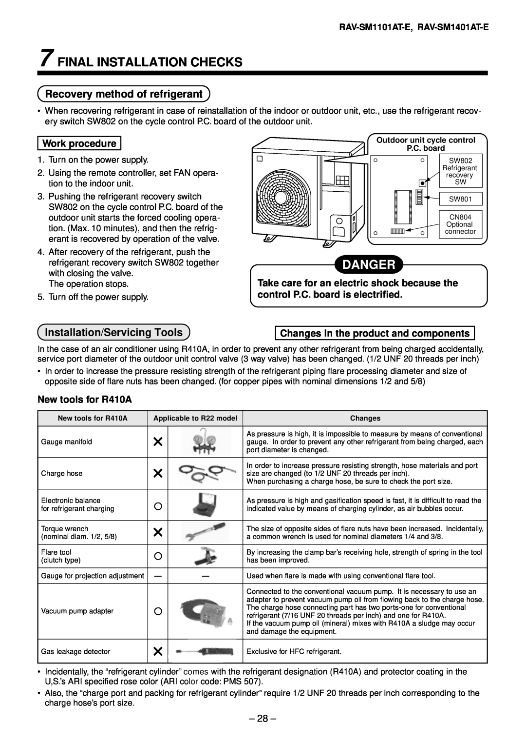 Toshiba RAV-SM1101AT-E, RAV-SM801AT-E Danger, Recovery method of refrigerant, Installation/Servicing Tools, Work procedure 