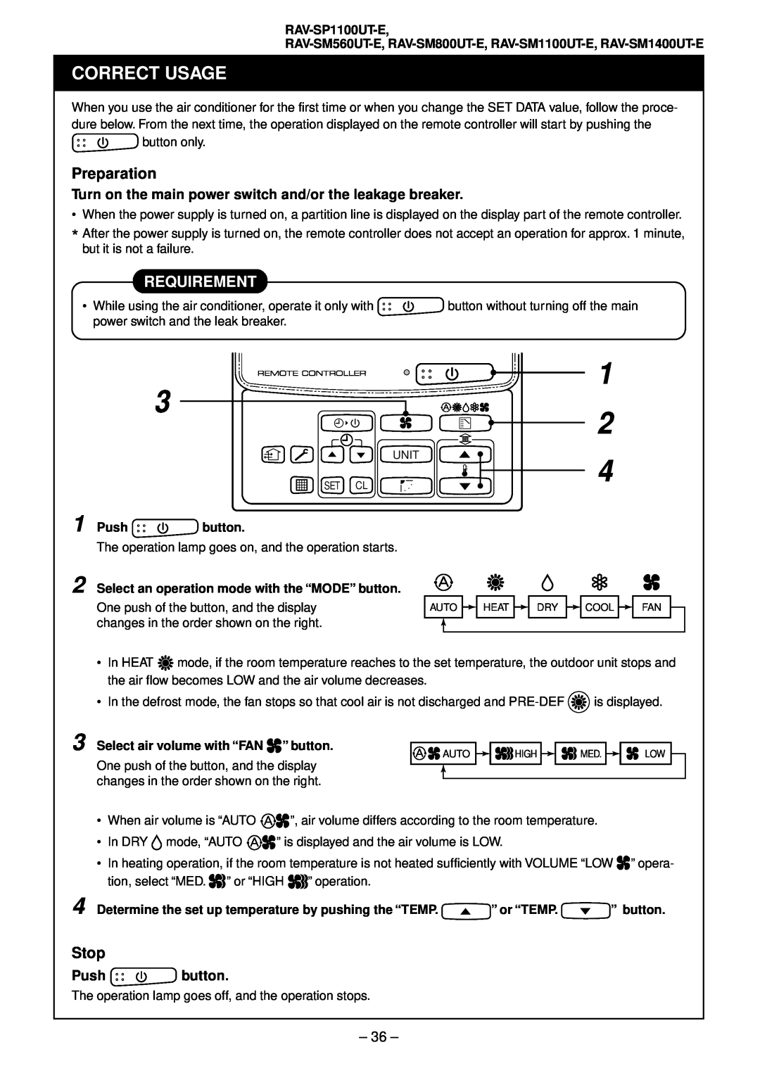Toshiba RAV-SM1101AT-E, RAV-SM1401AT-E Correct Usage, Preparation, Requirement, Stop, Push button, RAV-SP1100UT-E 