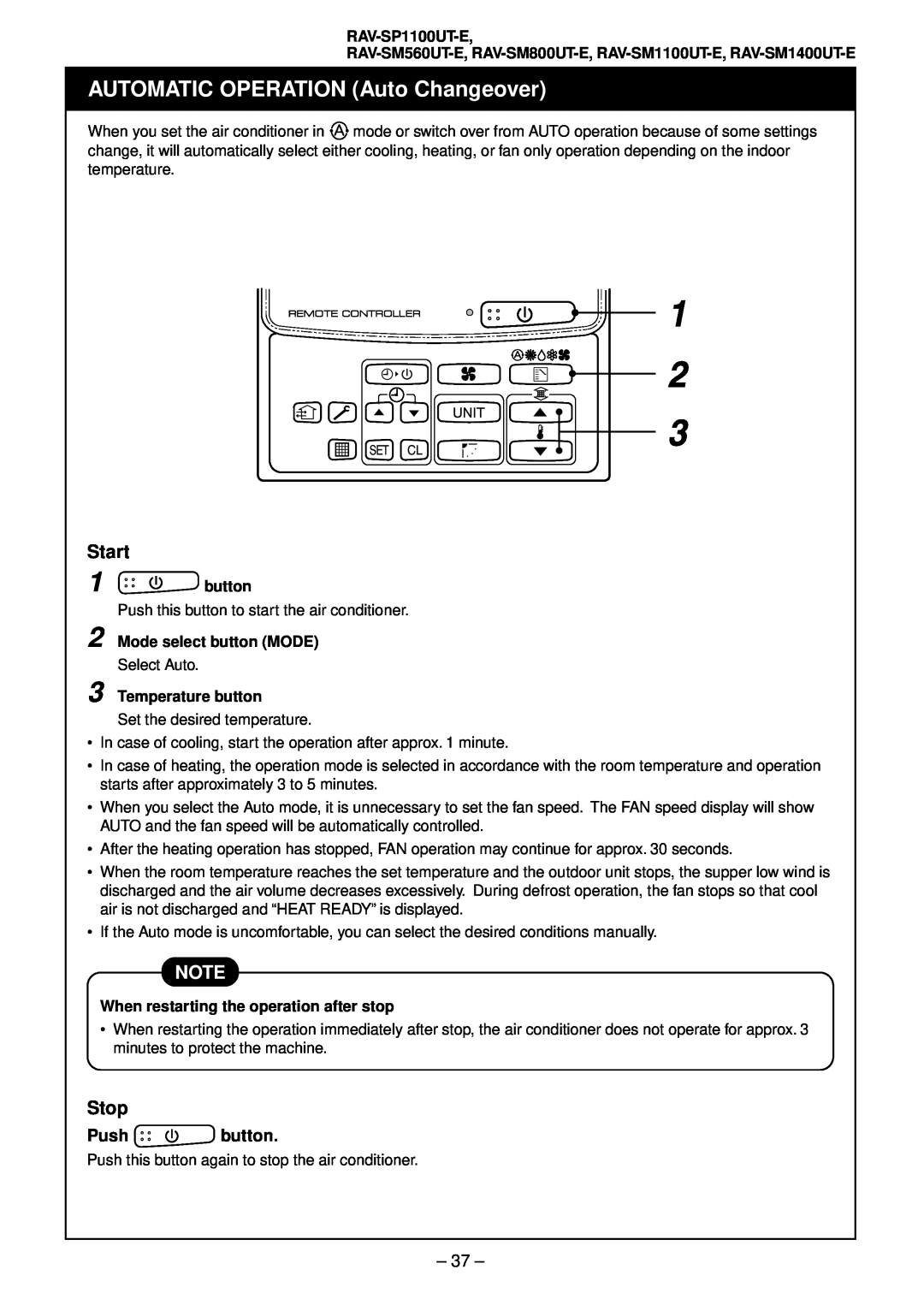 Toshiba RAV-SM1401AT-E AUTOMATIC OPERATION Auto Changeover, Start, Stop, Push button, RAV-SP1100UT-E, Temperature button 