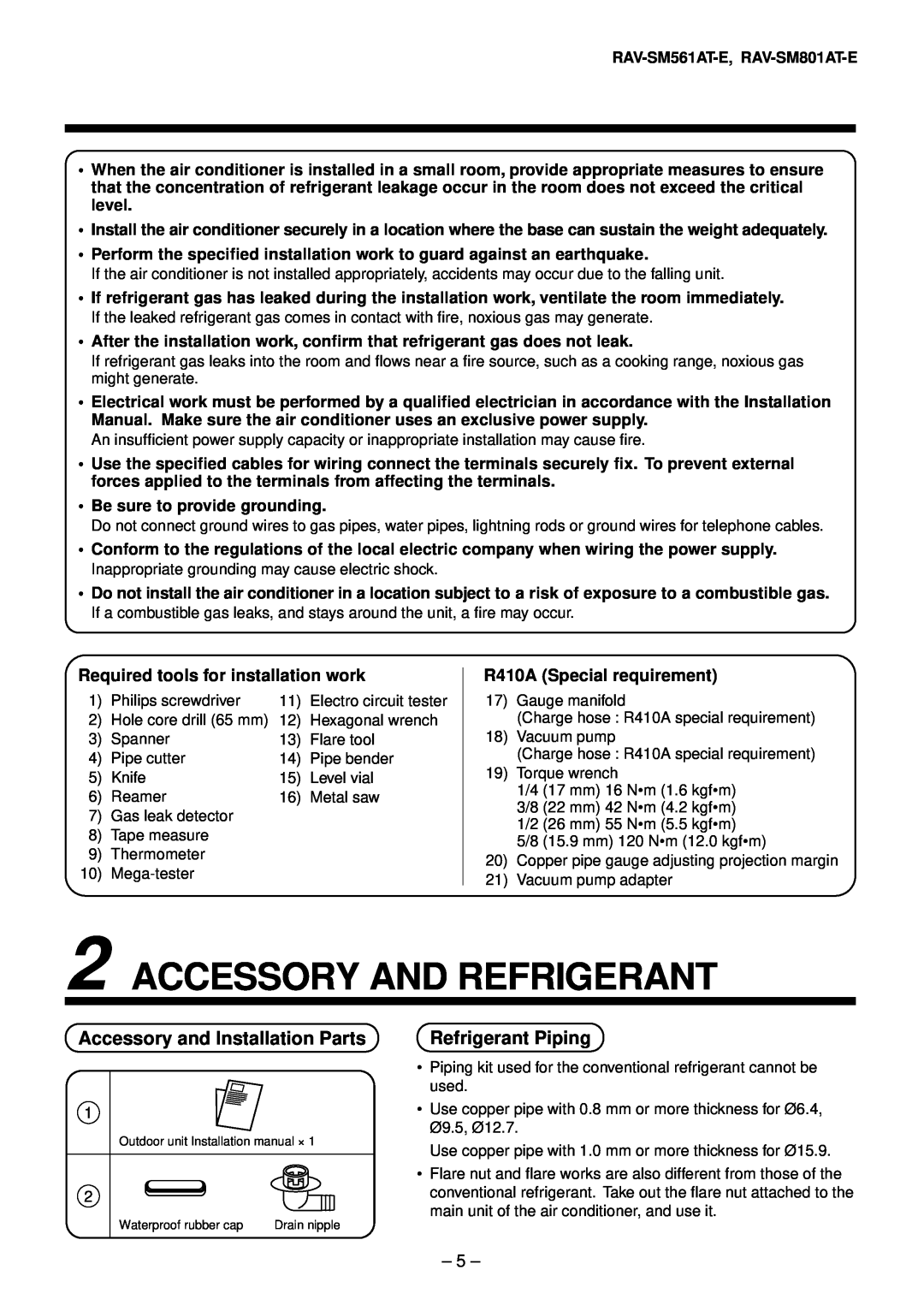 Toshiba RAV-SM1401AT-E, RAV-SM1101AT-E Accessory And Refrigerant, Accessory and Installation Parts, Refrigerant Piping 
