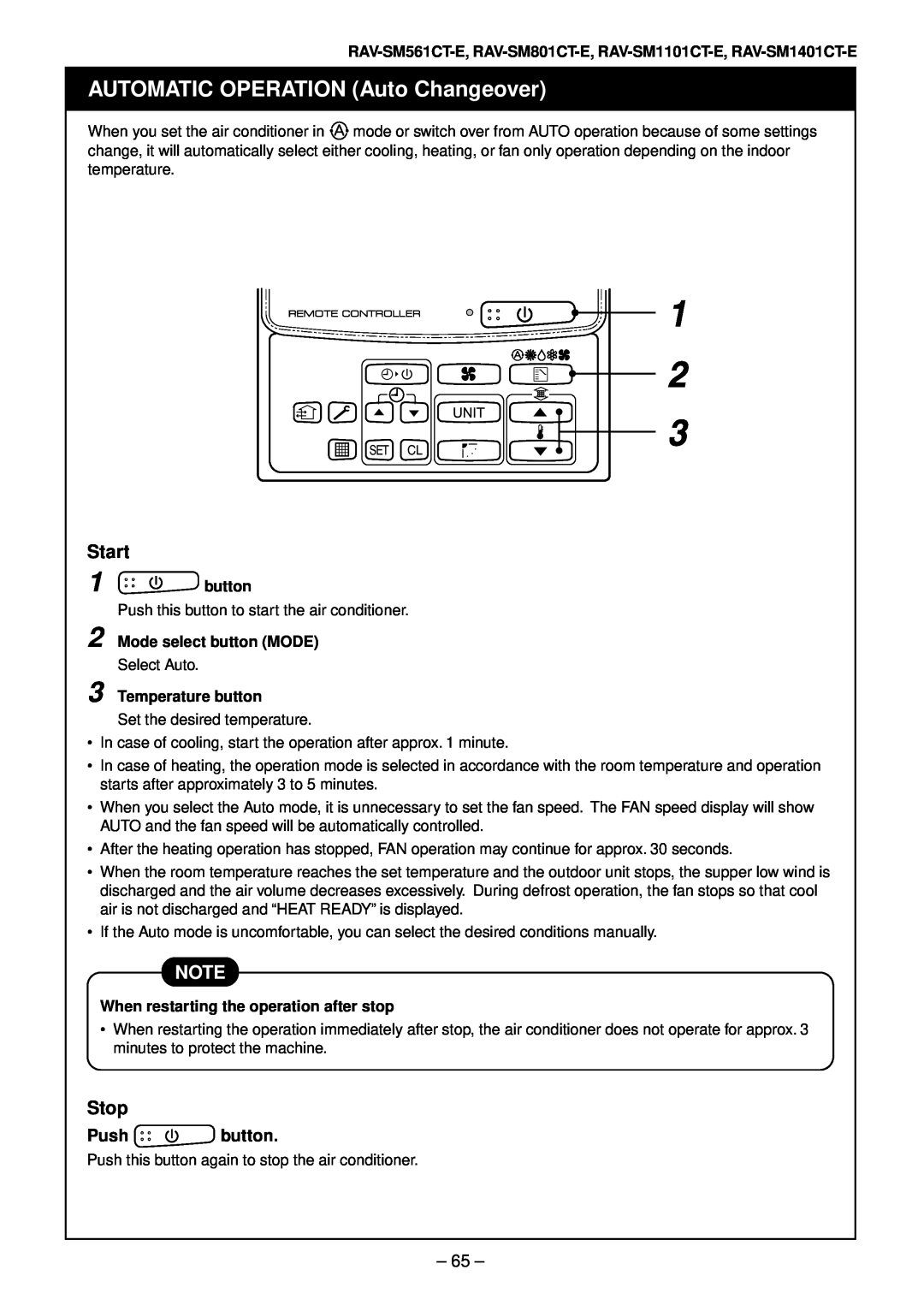 Toshiba RAV-SM1401AT-E AUTOMATIC OPERATION Auto Changeover, Start, Stop, Push button, Mode select button MODE 