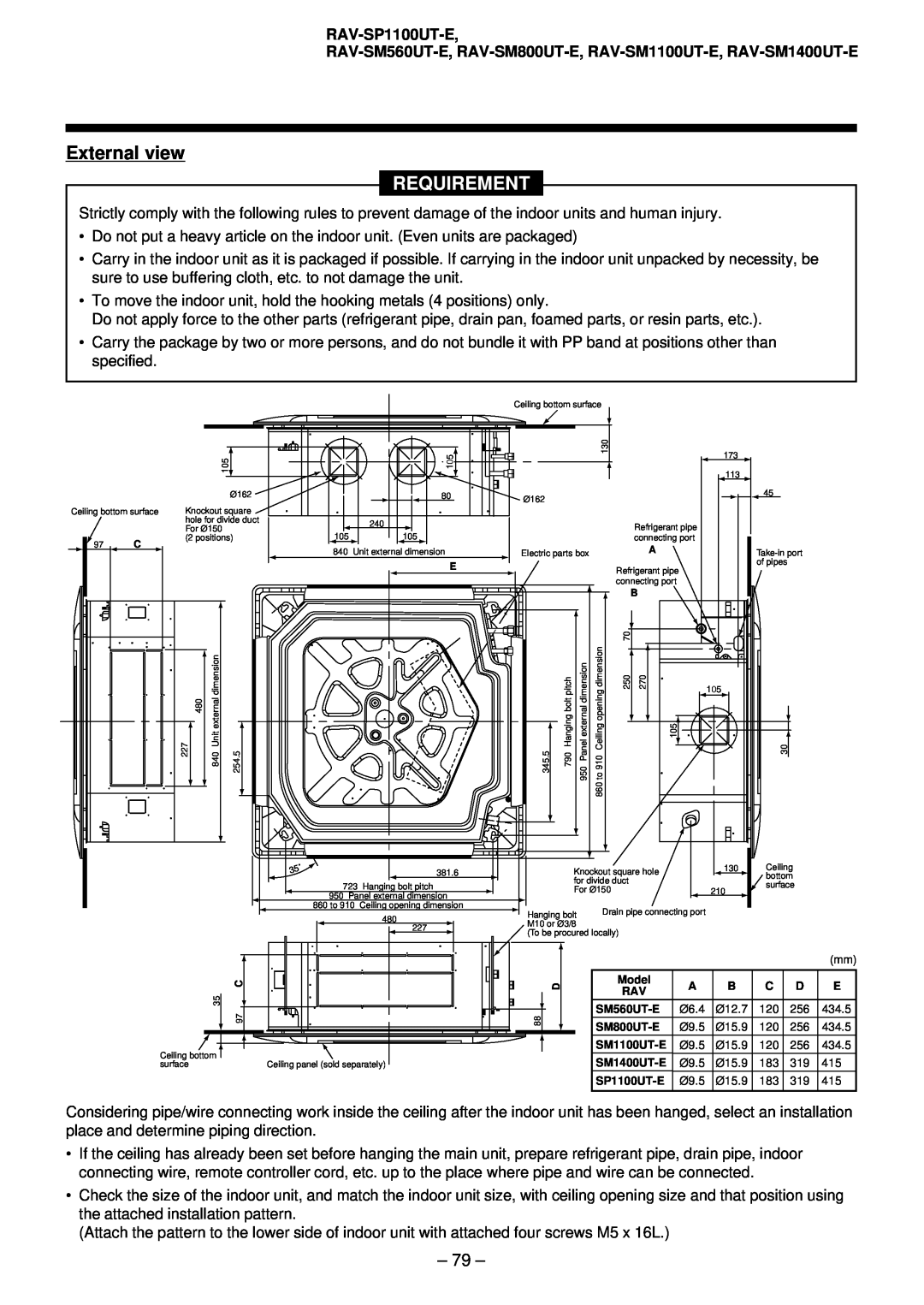 Toshiba RAV-SM561AT-E, RAV-SM1101AT-E, RAV-SM1401AT-E, RAV-SM801AT-E External view, Requirement, RAV-SP1100UT-E 