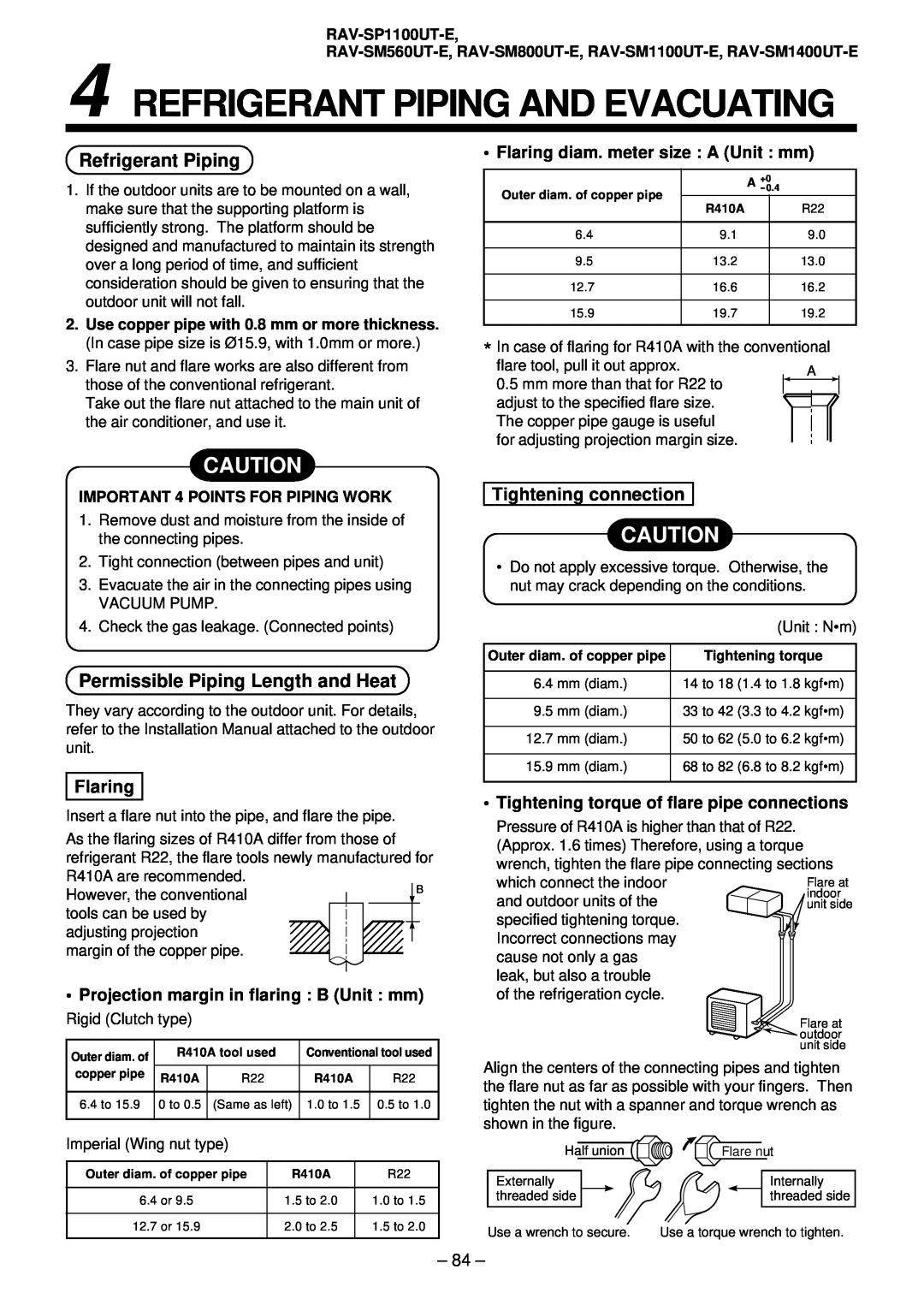 Toshiba RAV-SM1101AT-E Refrigerant Piping And Evacuating, Permissible Piping Length and Heat, Flaring, RAV-SP1100UT-E 