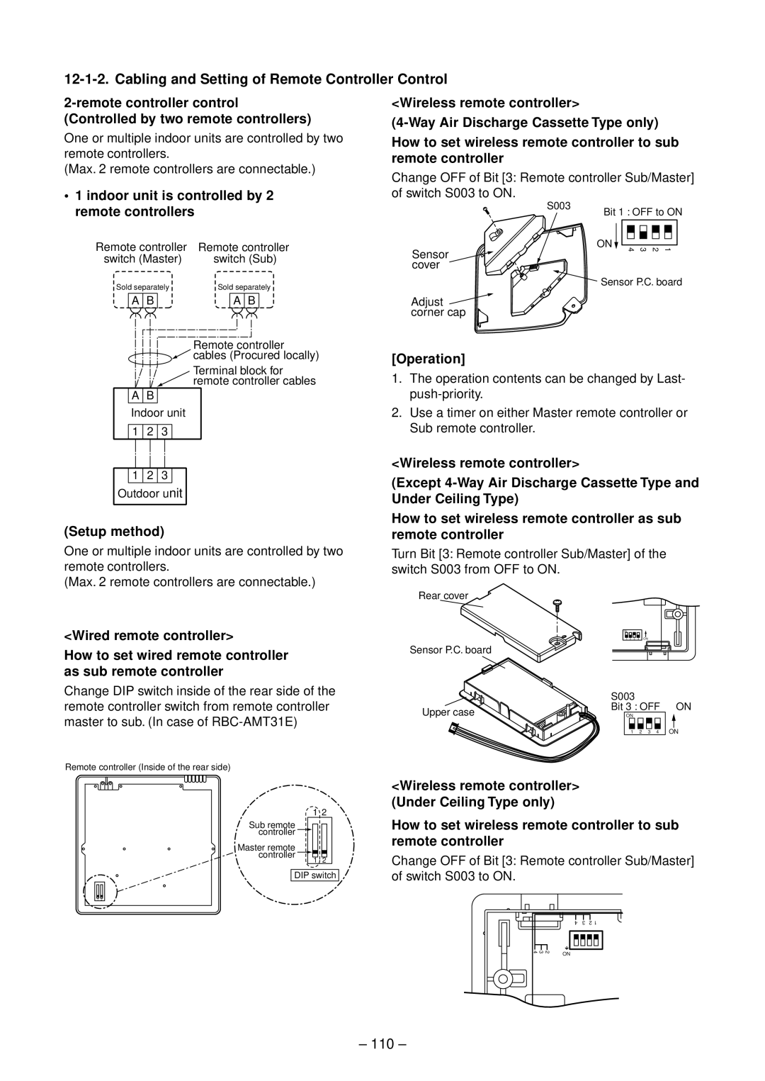 Toshiba RAV-SM562BT-E, RAV-SM1102CT-E Cabling and Setting of Remote Controller Control, Operation, Setup method 