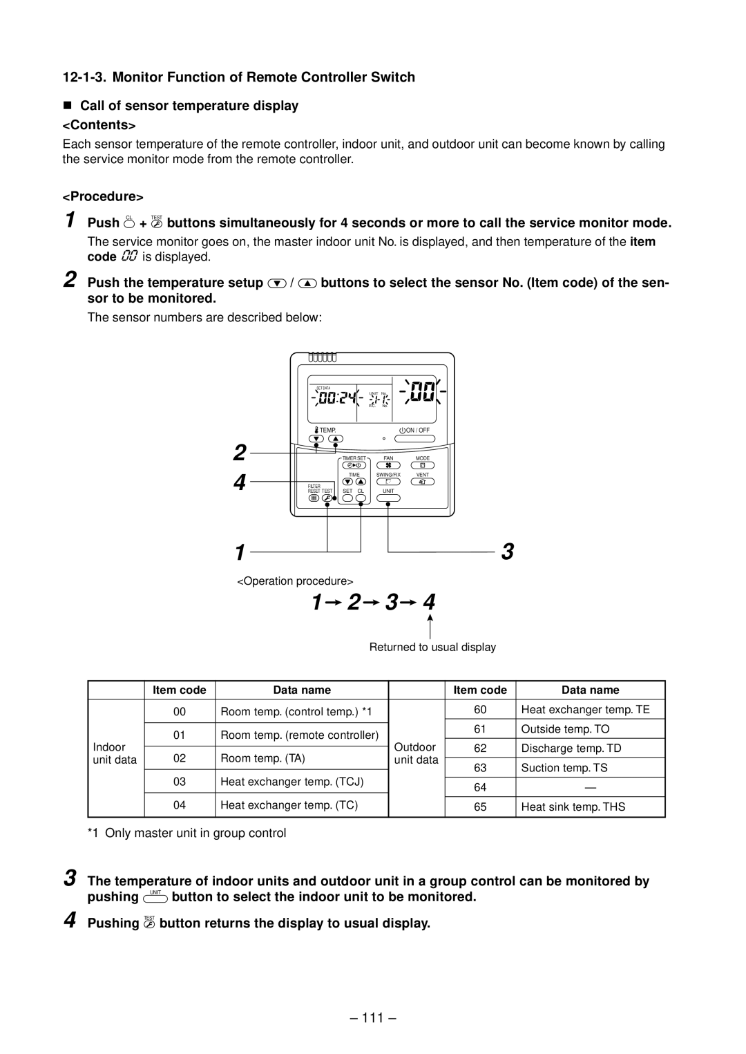 Toshiba RAV-SP1102UT-E Monitor Function of Remote Controller Switch, 111, Call of sensor temperature display Contents 