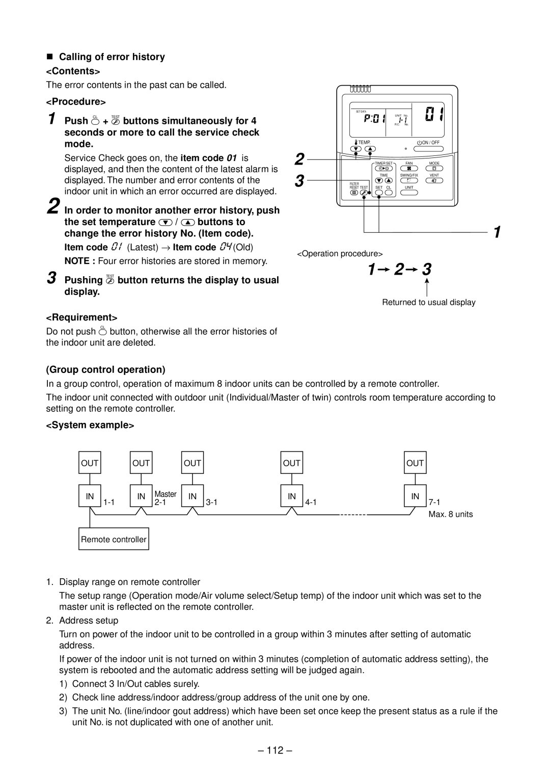 Toshiba RAV-SM1102CT-E, RAV-SM803AT-E 112, Calling of error history Contents, Order to monitor another error history, push 