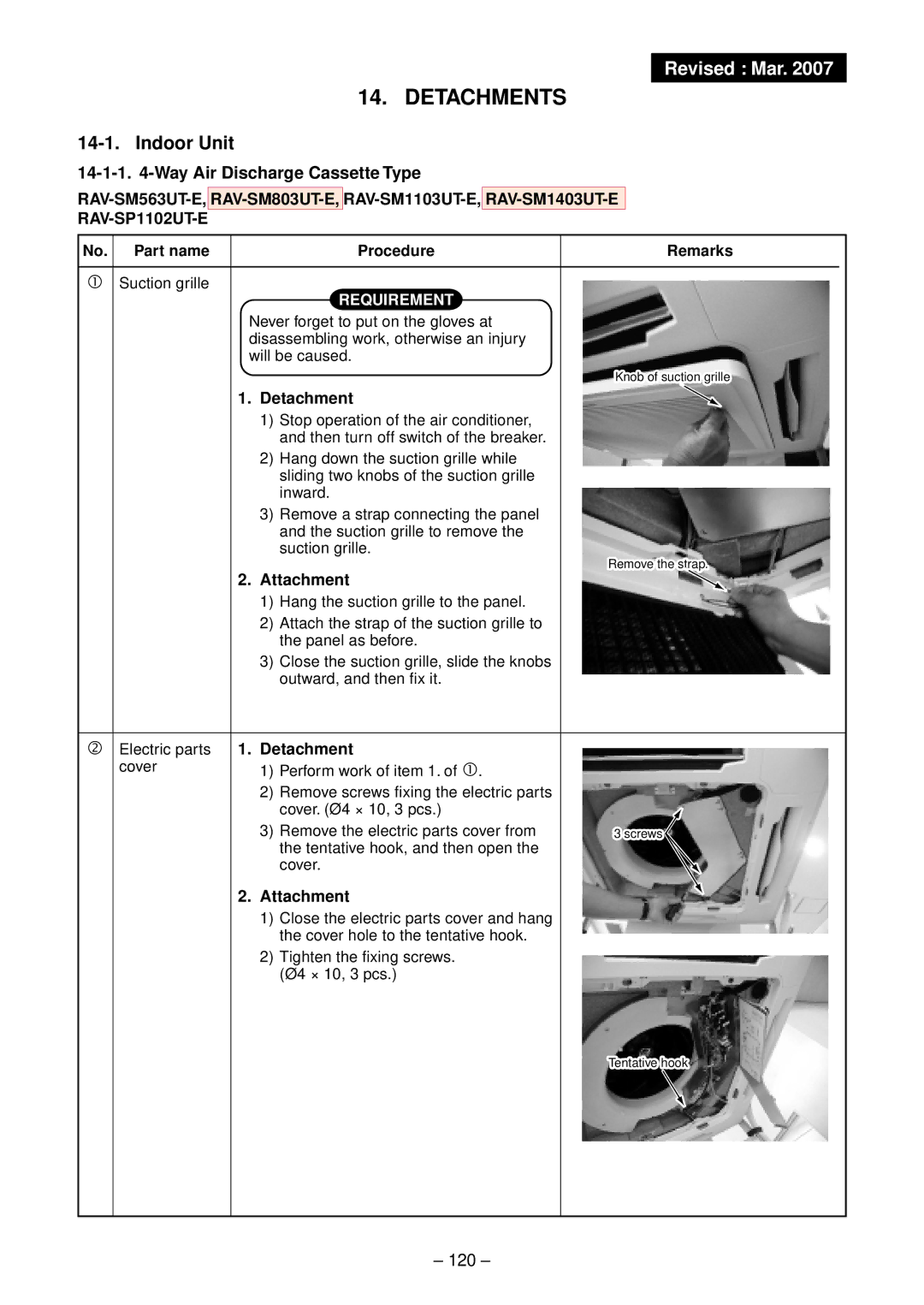 Toshiba RAV-SM802CT-E, RAV-SM1102CT-E, RAV-SM1102BT-E 120, Detachment, Attachment, No. Part name Procedure Remarks 