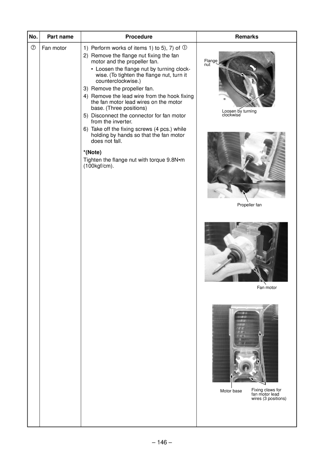 Toshiba RAV-SM803AT-E, RAV-SM1102CT-E 146, Motor and the propeller fan, Loosen the flange nut by turning clock 