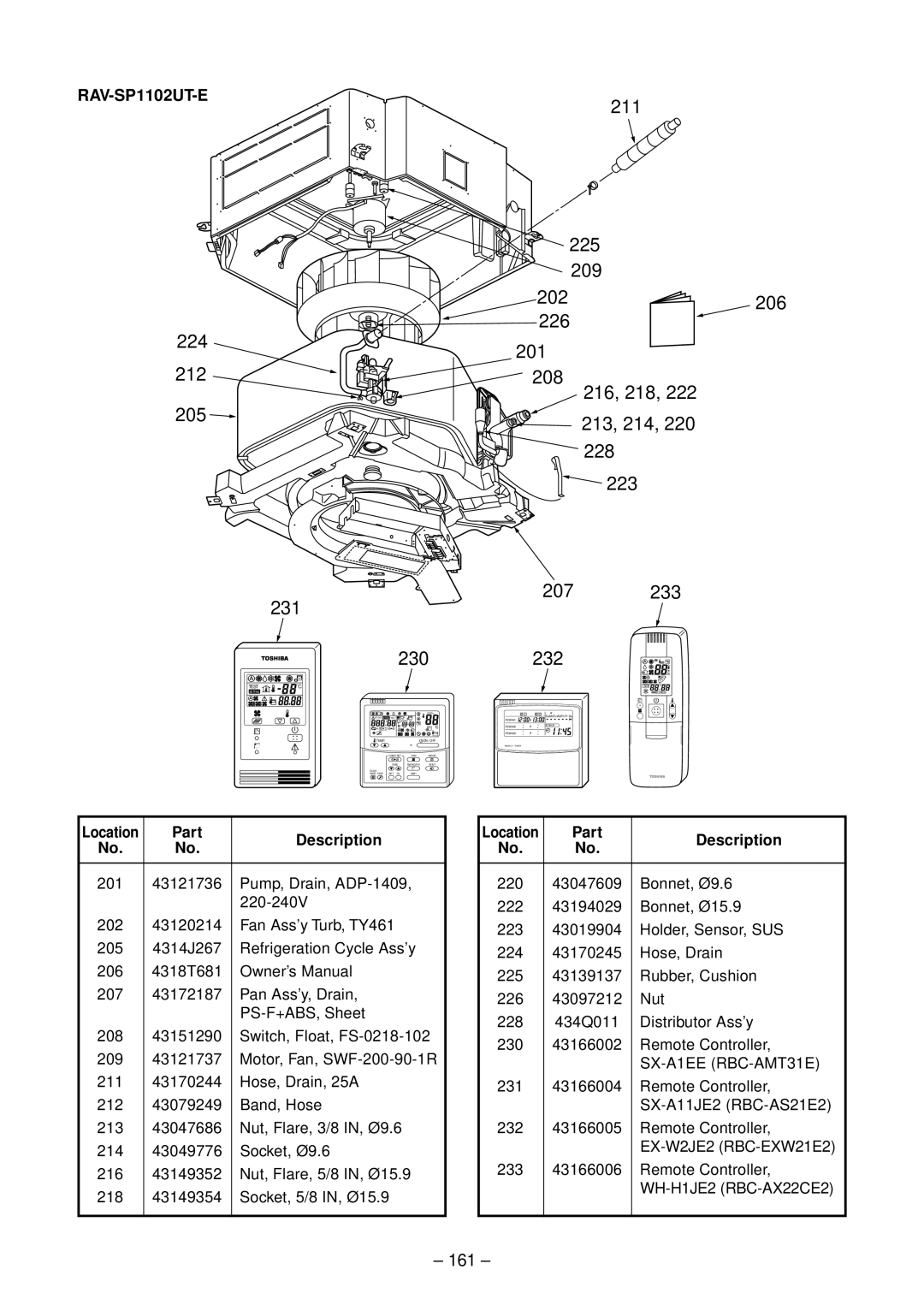 Toshiba RAV-SM803UT-E, RAV-SM1102CT-E, RAV-SM1102BT-E, RAV-SM1403UT-E, RAV-SM1402CT-E, RAV-SM1103UT-E 224 212 205 231, 161 