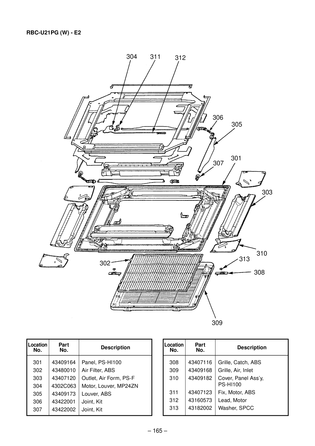 Toshiba RAV-SM562CT-E, RAV-SM1102CT-E, RAV-SM1102BT-E 304 311 306 305 301 307 302 303 310 313 308 309, 165, RBC-U21PG W E2 